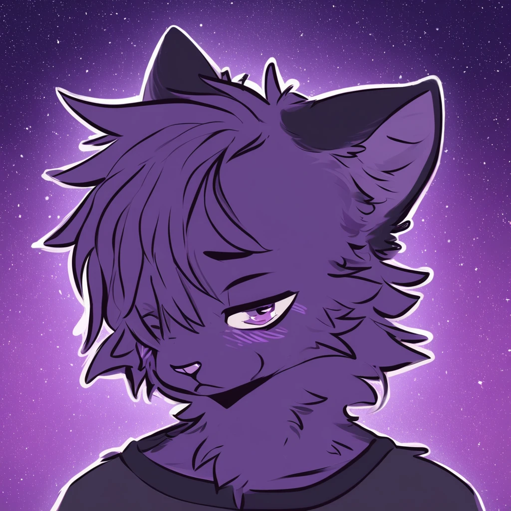adult, feline, mammal, anthro, anthropomorphic, cat, striped, fur, striped_feline, fur, male, light_purple, purple_hair, fluffy, dark_purple, purple_chest, shy, small_pupils, digital_art, high_resolution, high_res, hand-drawn, pencil_lines, head_visible, background, neck_visible, seductive_face, detailed_line_work, profile_picture, head_visible, purple_galaxy_background,