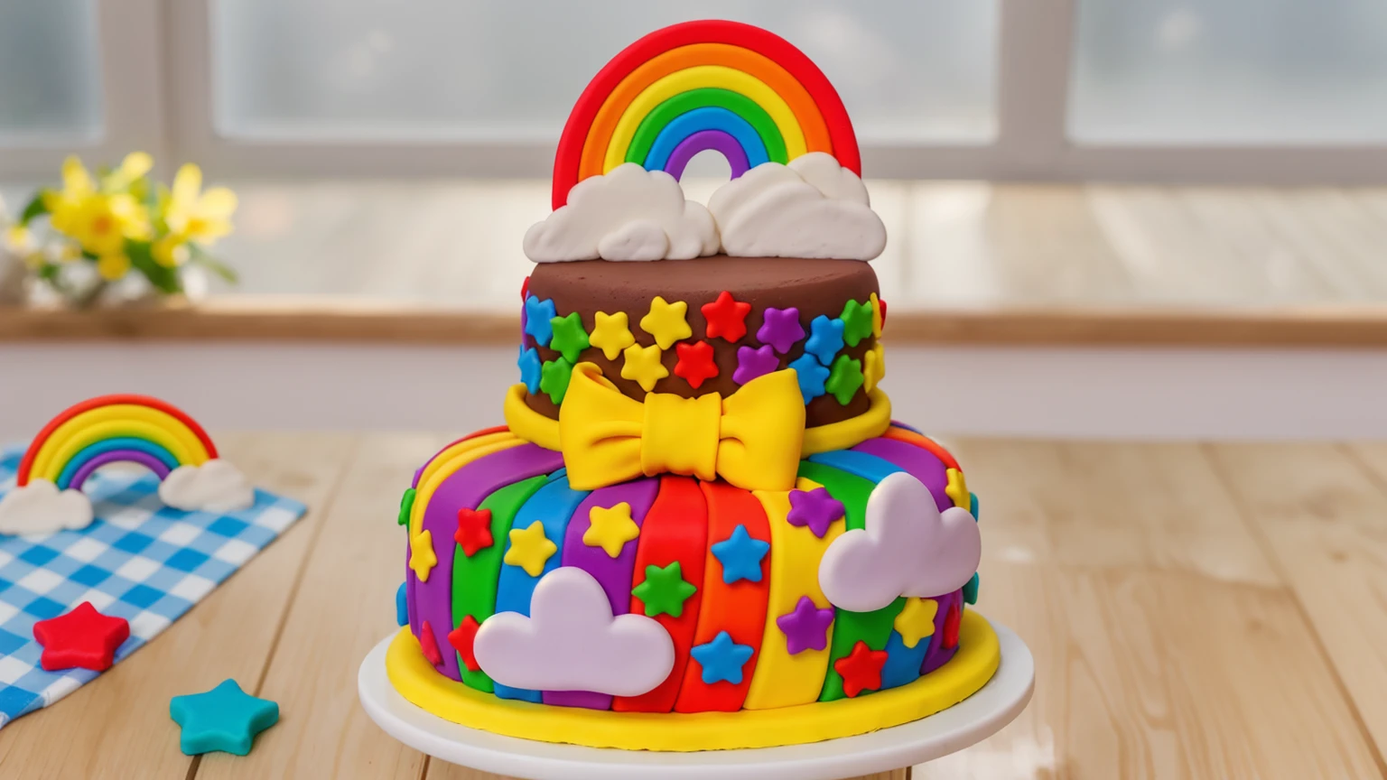 on a wooden table, two-tier cake on a white plate. chocolate cake. polymer clay cake decor, rainbow stripes, rainbow stars, white glazes made of polymer clay, Yellow bow, polymer clay rainbow, brown cream near a rainbow in the shape of clouds. на деревянном столе голубая сккатерть в клеточку на которой лежат rainbow stars и polymer clay rainbow. against the background of the kitchen, against the background of the window, Beautiful light from the window, Beautiful sunlight, bright lighting, there is a vase with a plant on a wooden table. Realistic style, realistic texture, detailed texture, high quality, A high resolution, macro photography, ultra hd 4k,