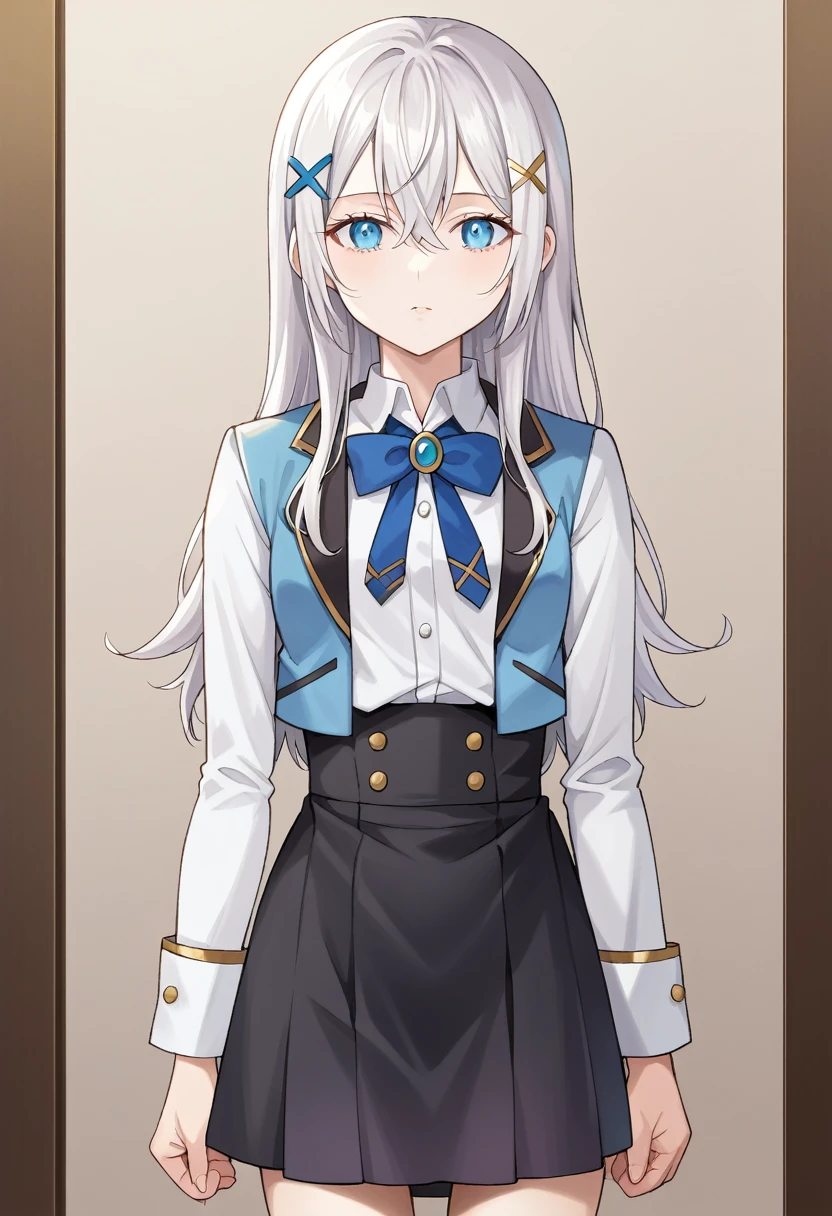 best quality, tmasterpiece,Ultra-high resolution,Clear face,(Reality:1.4),ferpect lighting,(full body sho), (photorealistic:1.50), anime wallpaper, Guviz style artwork, cover-up fantasy up to magic , by Yang J, Guviz, beautiful artwork illustration, beautiful digital artwork, beautiful digital illustration, Li Song, beautiful anime portrait, art style in Beauvot, 1girl, 独奏, hair between eyes, face very close, white skin, slim, small breasts, Chinos, long hair, white shirt, Blue vest, black skirt, blue bow tie, ,x hair decoration,:3, looking at the viewer, indoor, simpel blackground,