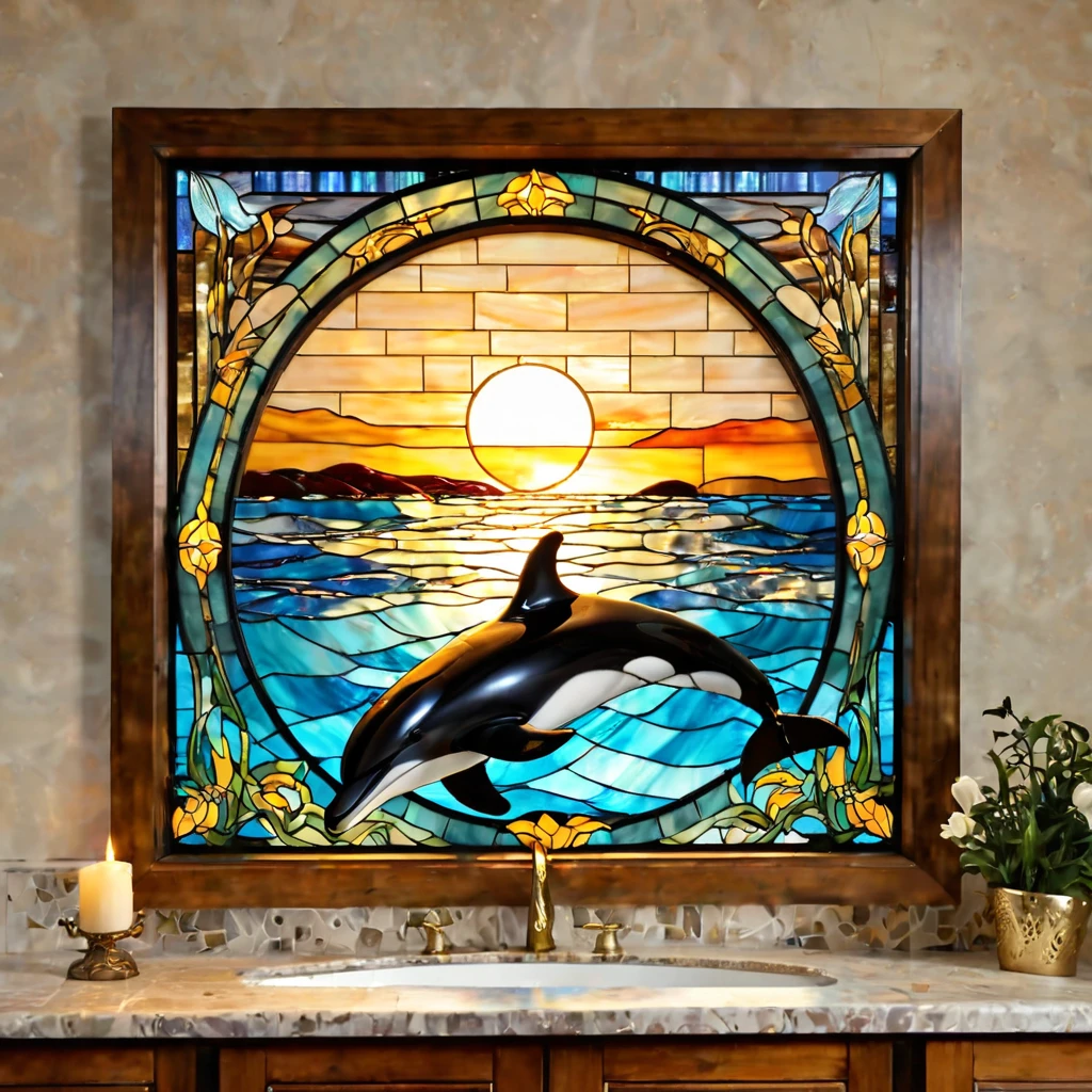 there is a picture of a picture of a dolphin in a stained glass window, stained glass art, golden twilight stained glass, stained glass style, backlit stained glass, killer whale, inside a frame on a tiled wall, intricate stained glass, trending artistic art, inspired by Louis Comfort Tiffany, glimmering whale, wall art, stained glass, glowing stained glass backdrop