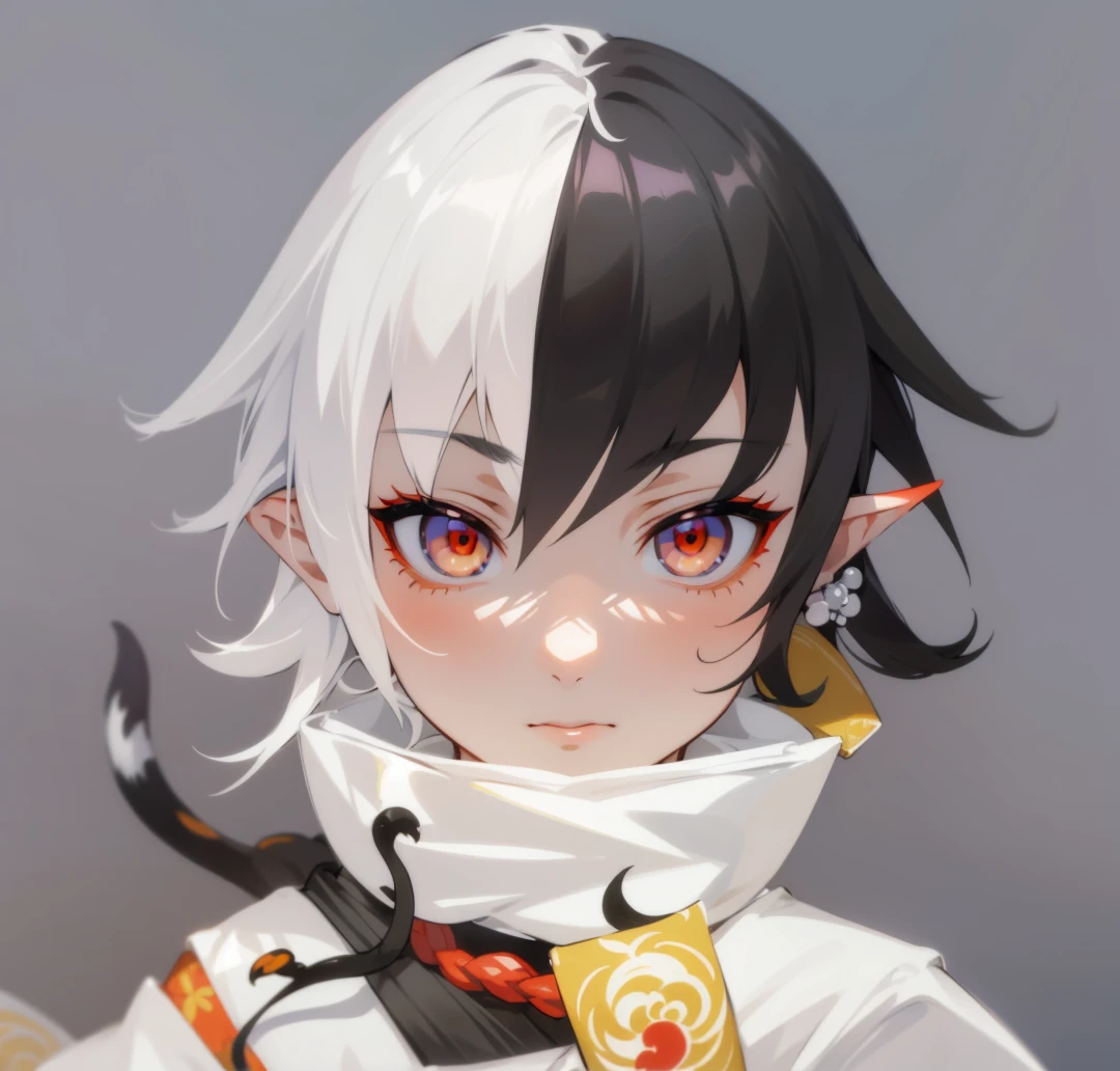 Ukiyo-e、Nine-tailed Fox、short hair,1 Boy,Look into the camera,younger 16 years Taoist, Close-up of face,serious, A serious look, Handsome, monster, Short hair, Black hair, White hair, Facial close-up, Red eye shadow, Tiger tooth, Red eyebrows, Japanese style, kimono, A high-necked kimono, branch, Pointy yokai ears, The Yin Yang Masters, immortal and full of mystery, Ink and watercolour character style, high quality, masterpiece, Exquisite facial features, Delicate hair depiction, Detailed depiction of the eyes, masterpiece, best quality, Ray Tracing, Extremely detailed CG unified 8千 wallpaper, masterpiece, best quality,
