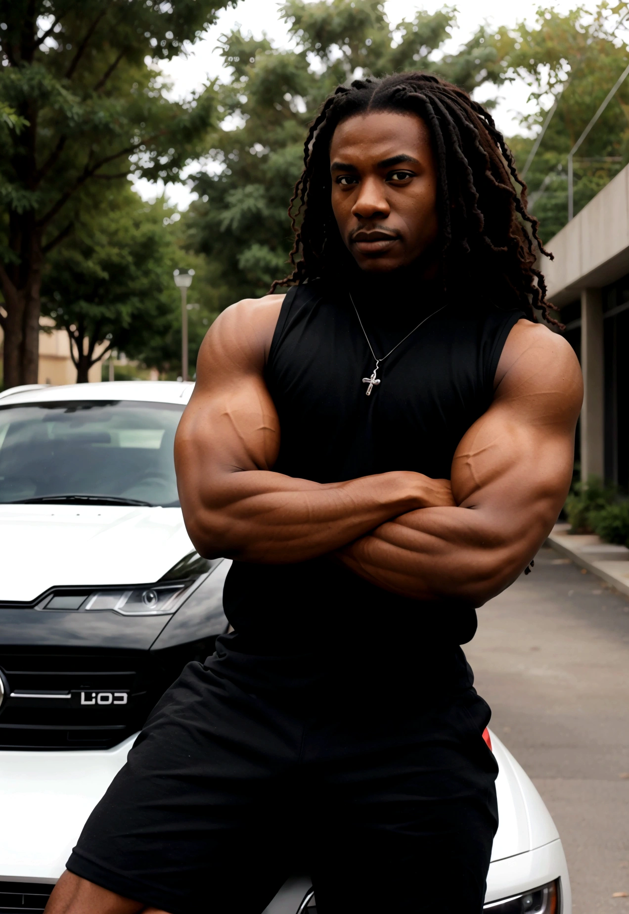 Black man , muscular arms, posing, women and cars in the background.