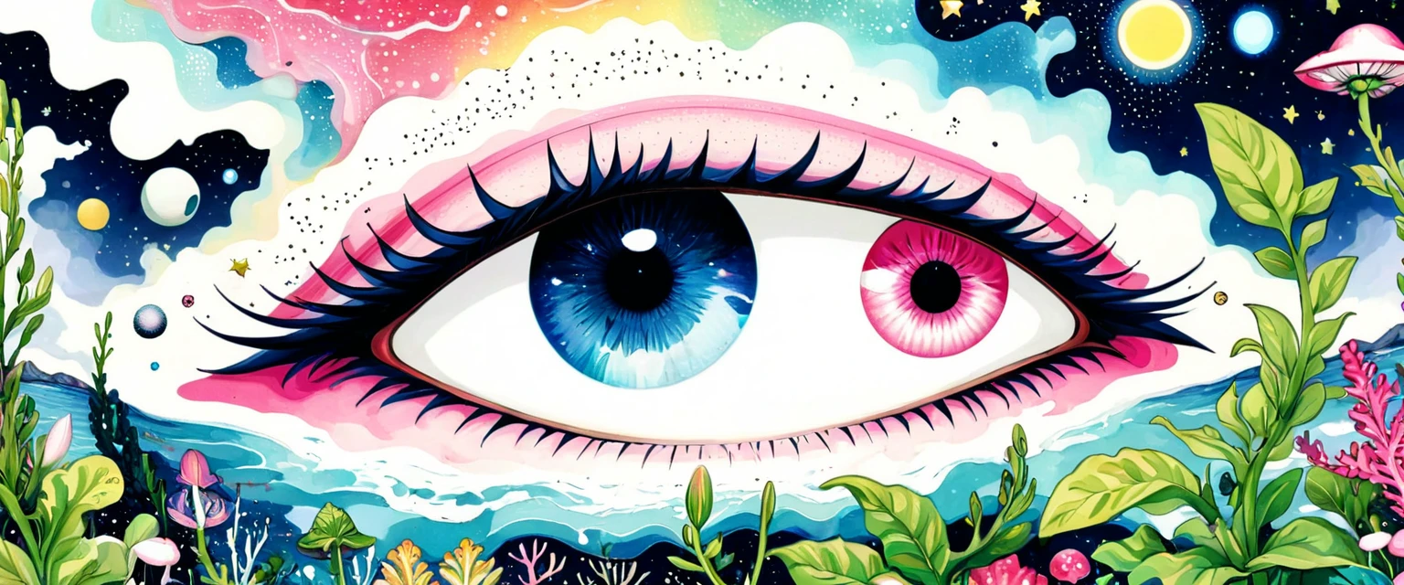 intense visuals,Multi-element fusion,bud,microorganism、plant、Marine life、(((Eye)))、Starry Sky,Stitching together an abstract painting,Describing the inner world of autistic people,(((Sense of space,White Space,clean,Anti-aliasing,))),Pointillism method,Density,Psychedelic Art,pink