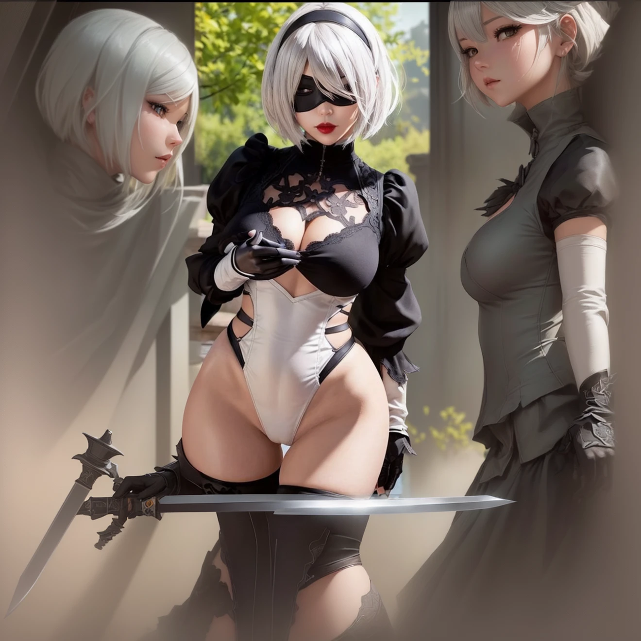 Anime girl with sword and black outfit posing for a photo、2B Nier オートマトン、Nier:Automaton Inspired、Nier オートマタ インスパイア、Nier オートマタの 2 B、Nier オートマタの 2b、2 b、Nier インスパイアー、Nier 2 b、Bad anime 8k、Nier、Female Assassin、8k high quality detailed art