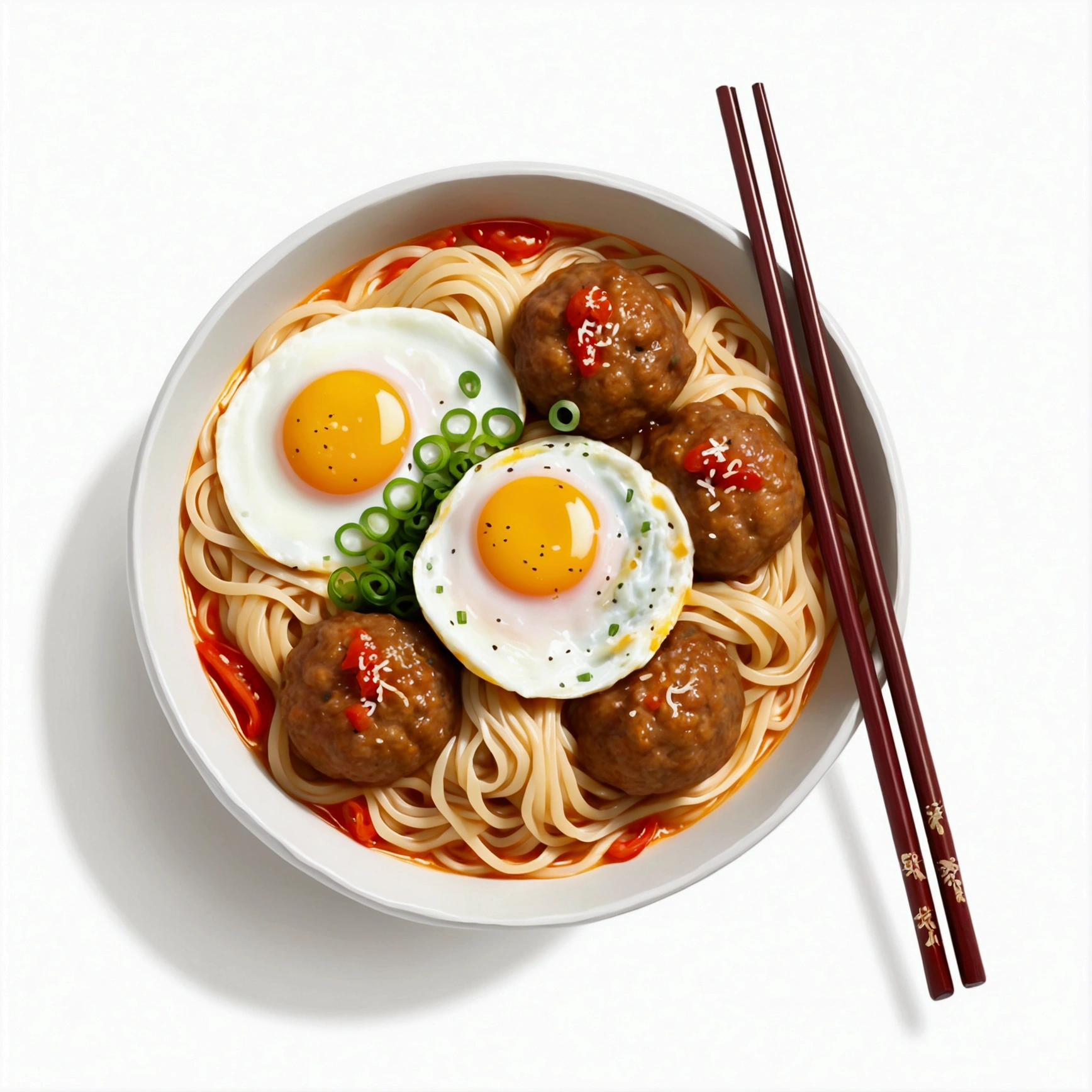 there is a huge extremely delicious bowl of noodle with meatballs and egg, chopstick, illustration, isolated with solid white background, surrounded with negative space, centered compositon, 8k, highly detailed painting, very precise painting, Isolated, clear brilliant white background, perspective angle of view, realistic, cartoon style, acrylic painting