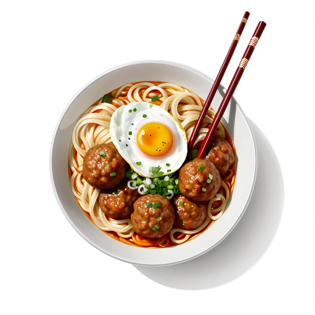 there is a huge extremely delicious bowl of noodle with meatballs and egg, chopstick, illustration, isolated with solid white background, surrounded with negative space, centered compositon, 8k, highly detailed painting, very precise painting, Isolated, clear brilliant white background, perspective angle of view, realistic, cartoon style, acrylic painting
