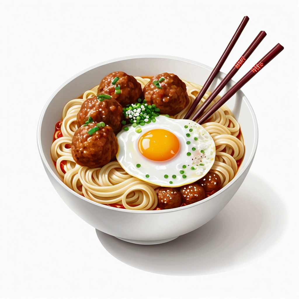 there is a huge extremely delicious bowl of noodle with meatballs and egg, chopstick, illustration, isolated with solid white background, surrounded with negative space, centered compositon, 8k, highly detailed painting, very precise painting, Isolated, clear brilliant white background, perspective angle of view, realistic, cartoon style, acrylic painting