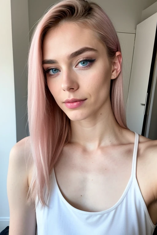 beautiful man of 27 years old with blue eyes, very feminine, androgynous, femboy, looking directly at the camera, with a natural makeup,  very realistic, instagram selfie, at home, flat chest, tight tube-top, film grain, trans, slutty