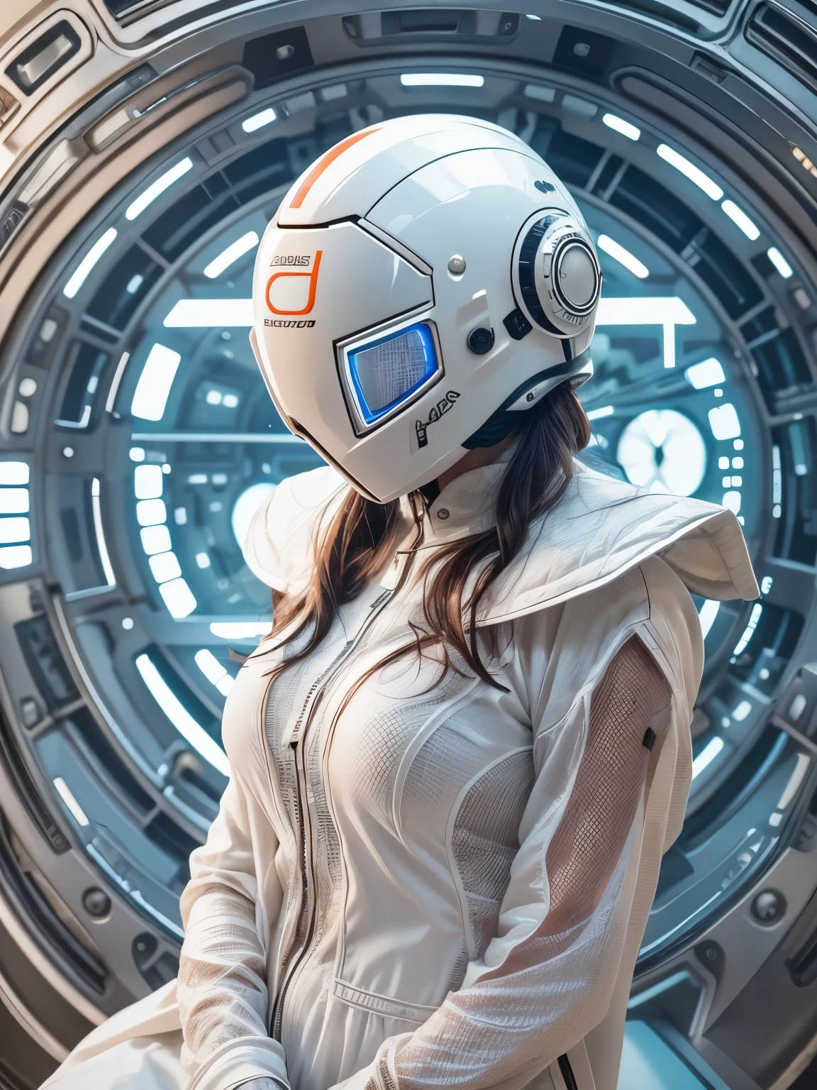 Full body. An ultra hot gorgeous European woman covered in loose clothing. White cotton veils. Large breast. ((Her face is hidden behind a futuristic helmet )).A sci-fi image. In an aseptic setting..