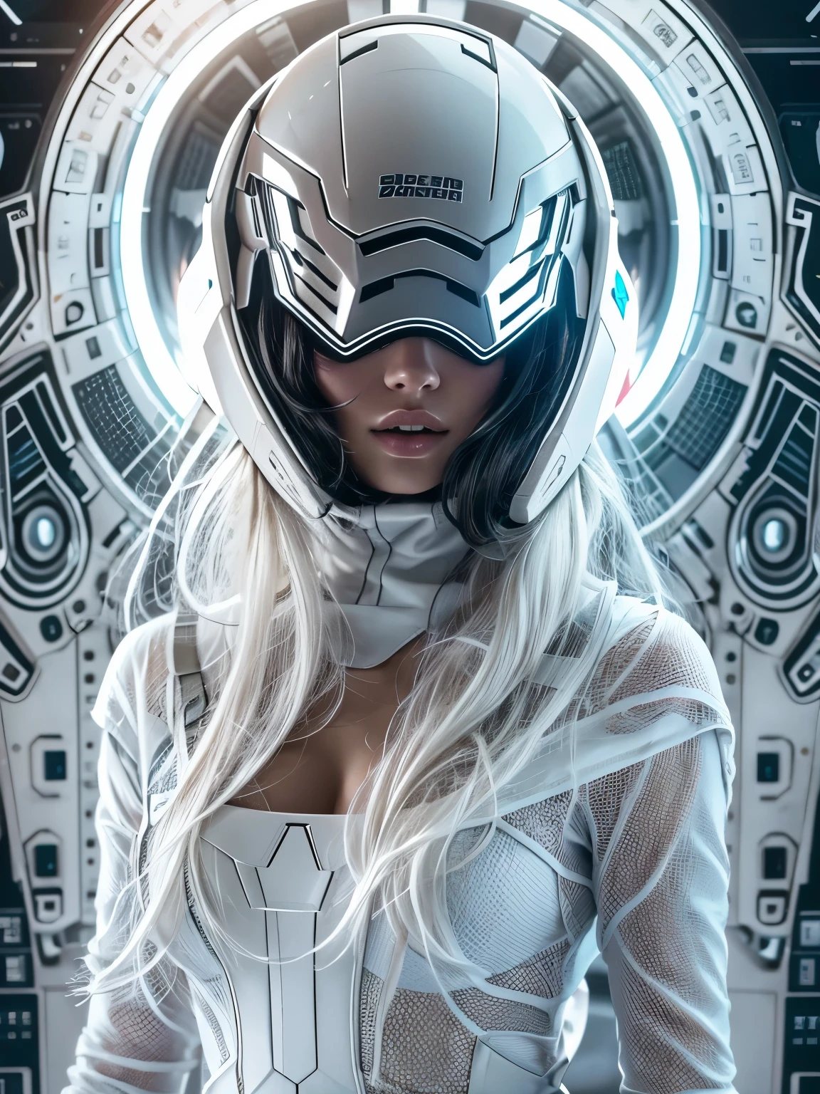 Full body. An ultra hot gorgeous European woman covered in loose clothing. White cotton veils. Large breast. ((Her face is hidden behind a futuristic helmet )).A sci-fi image. In an aseptic setting..