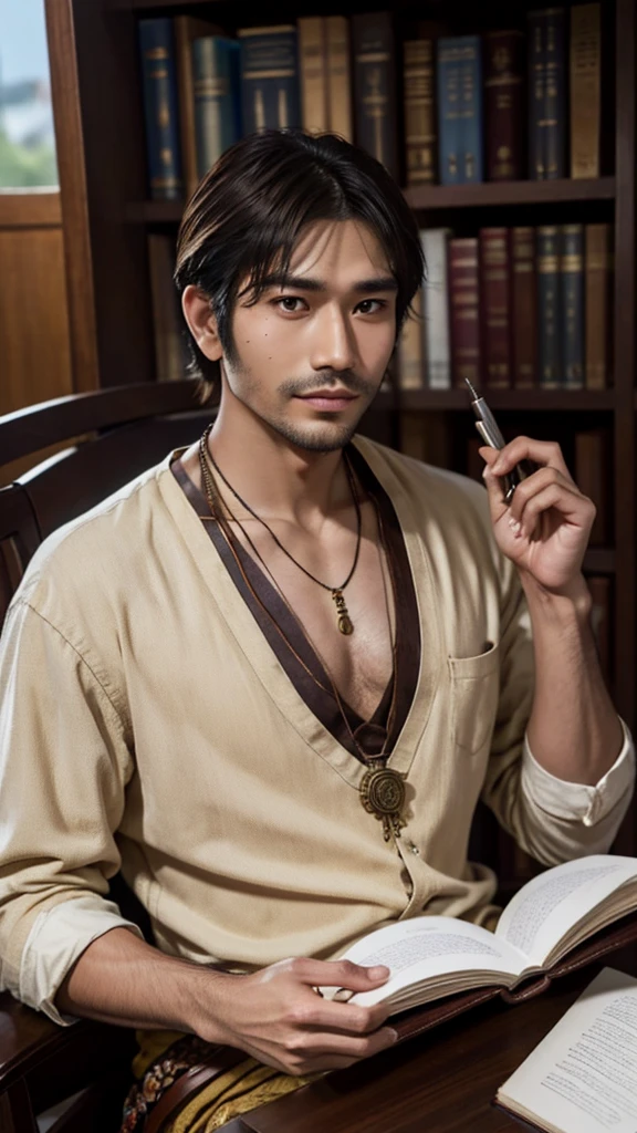 "A 30-year-old man named Raka sits at a table, holding a feather pen. He wears modern traditional clothing, such as batik with neutral-colored trousers, and a necklace with a wooden pen-shaped pendant. His dark brown eyes express enthusiasm, and his tan skin with a small scar on his left cheek adds character. In front of him lies an open book. The background is a grand royal library. Raka carries an old leather notebook and a unique feather pen, which he uses to draw simple illustrations in the air while telling stories. With a deep and calming voice, he brings stories to life, embedding moral values and cultural knowledge in each tale. Realistic, detailed, half-body."