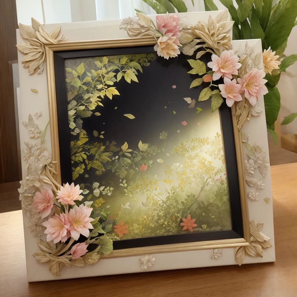A picture frame made of delicate leaves and flowers、Place it so that it covers the screen.