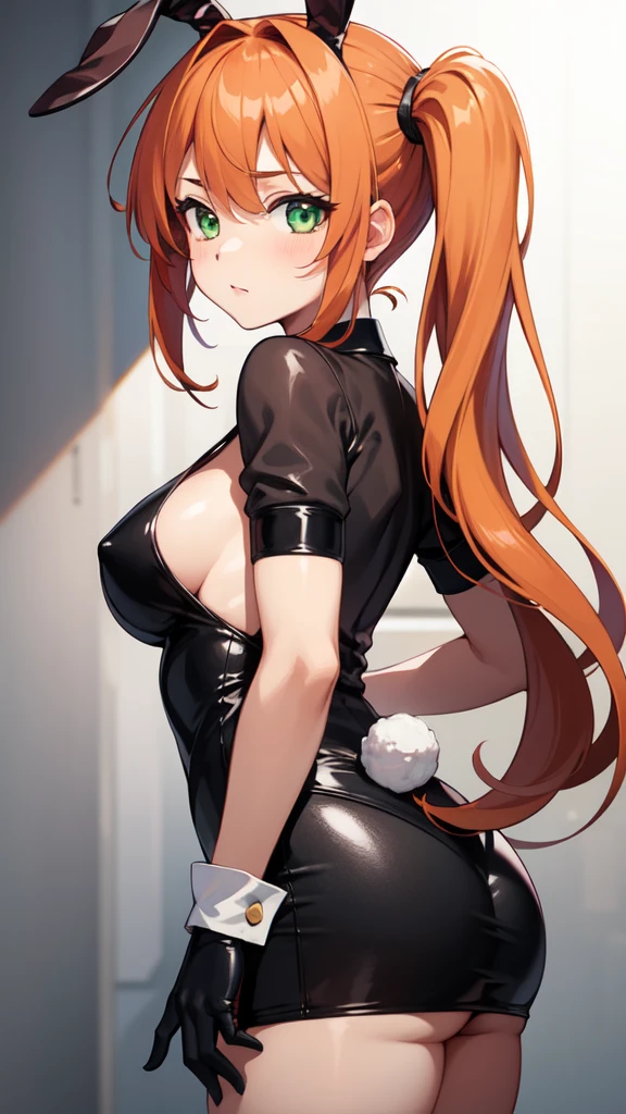 gonzarez, masterpiece, , 1girl, solo, , green eyes, orange hair , side ponytail, bunny girl , gloves, 4k , cute face,