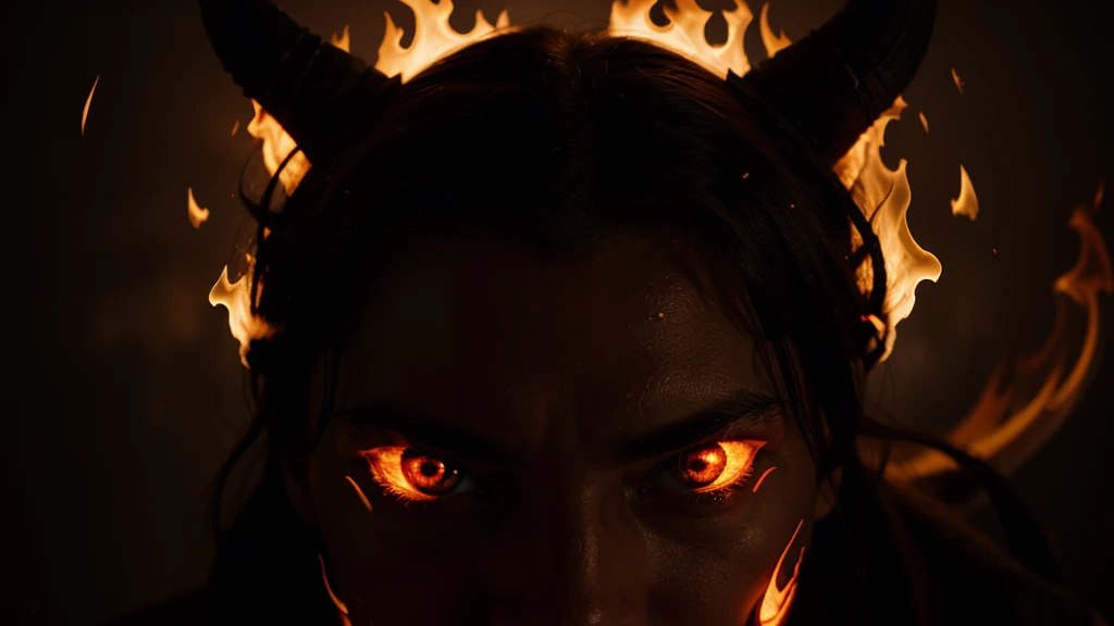 A demon that stares at humans with flames that glow.