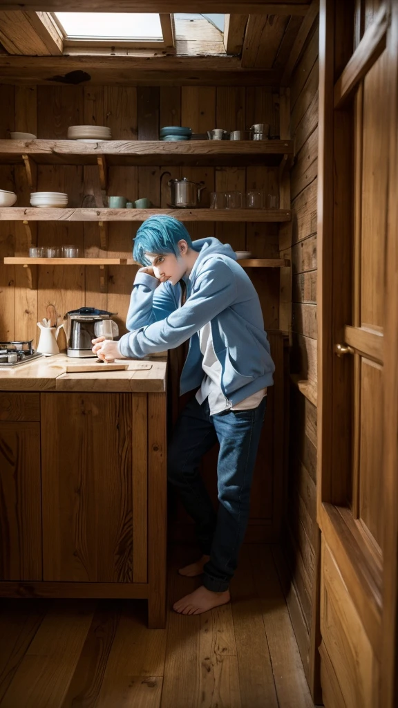 best quality, masterpiece, Ultra-high resolution, Surrealism, firewood, There is a pile of moss in the corner of the kitchen, An eighteen-year-old boy, Blue Hair, blue eyes,