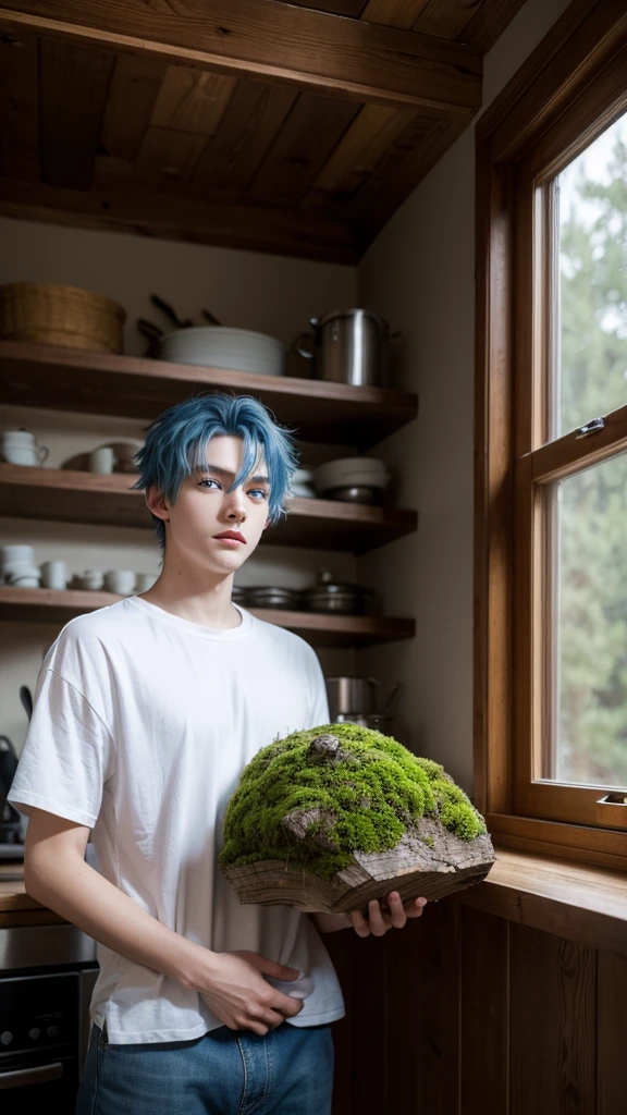 best quality, masterpiece, Ultra-high resolution, Surrealism, firewood, There is a pile of moss in the corner of the kitchen, An eighteen-year-old boy, Blue Hair, blue eyes,