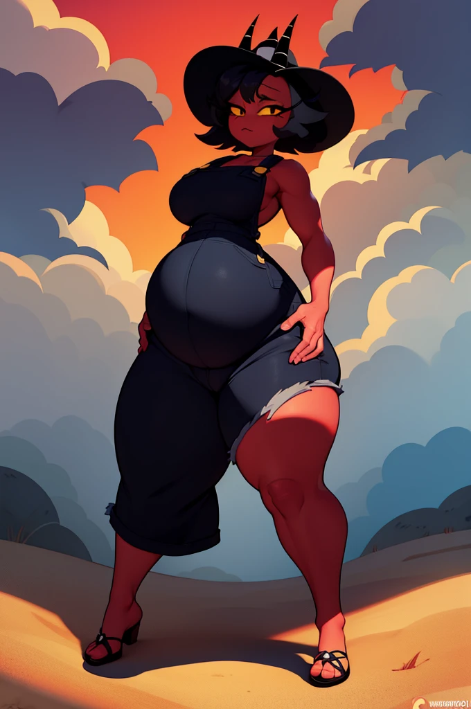 character helluva boss western animation mille (helluva boss) Masterpiece, best quality, millie, 1girl, solo, detailed face, upper body, yellow eyes, short hair, black hair, demon girl, horns, (Grey overalls no shirt), (muscular female, abs:0.75), red skin, colored skin, novel illustration, (full body:1.5), red sky, looking at viewer, floating hair, farm, ((chubby body)), ((big belly)), ((chubby thighs)), farm hat, sweating