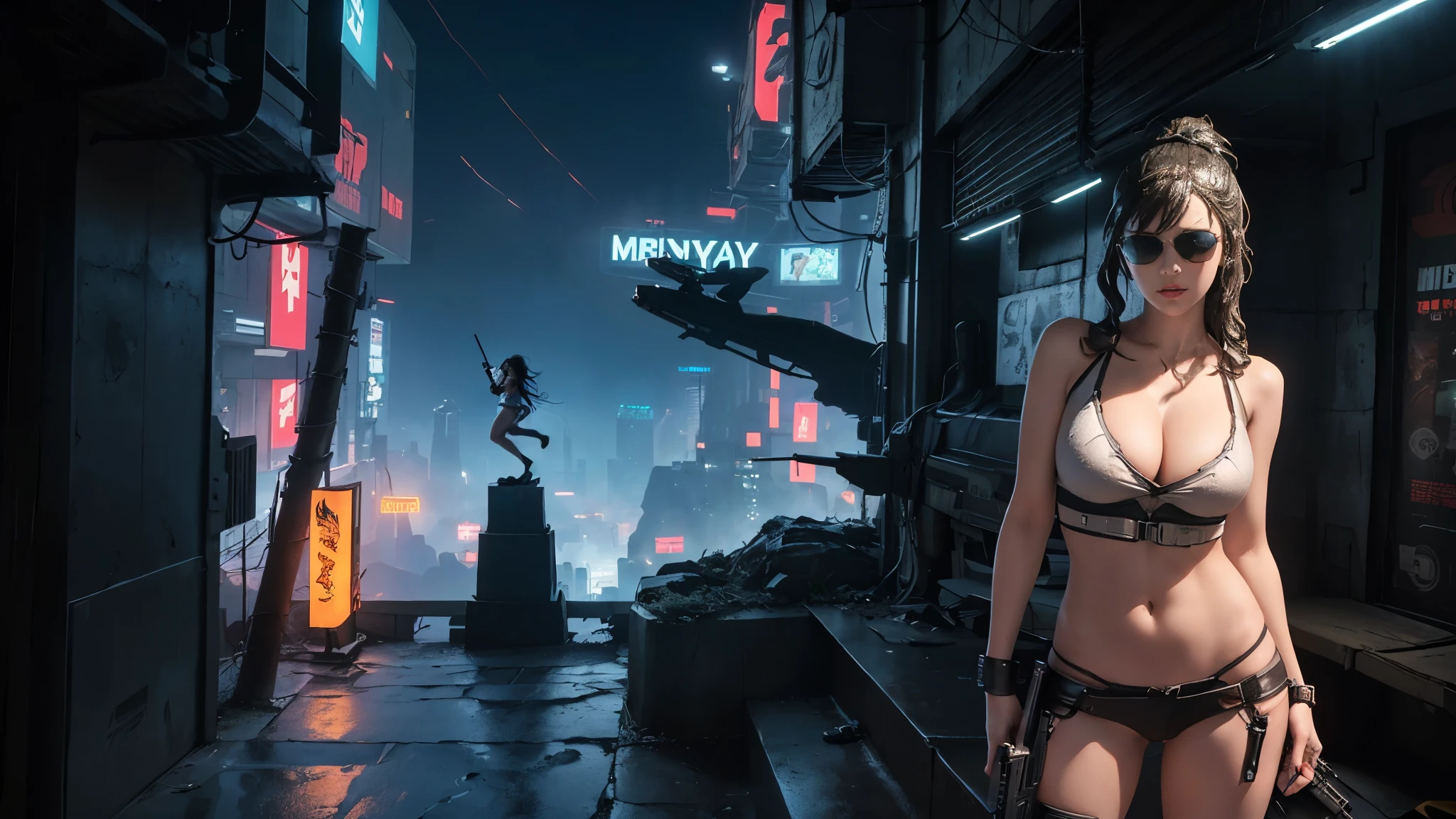 At night, dark sky, aerial view of fantasy cyberpunk style Moai-statue city, ((flying vehicle)). ((1girl, solo, alone)), photo realistic, medium-breast:1.1 slim body, cleavage, sexy clothes, (black sunglasses), (((hip-up standing and pistol aiming pose))), half-body thigh level medium shot, cinematic lighting.