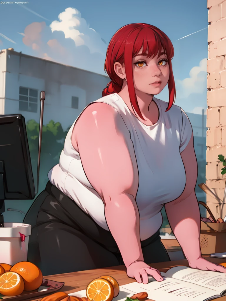 Le personnage Makima de la série animée Chainsaw Man, fragile, obésité morbide, ssbbw, pleine longueur (corps entier 1.1.), fond sombre, obscurité, anatomie correcte 1.1, anatomie correcte de la main, Très féminin, corps gras et rond, grosses Jambes, fesses, beau corps obèse, ventre rond et mou très gras, cheveux roux, Yeux oranges, Cercles rouges pour les écoliers, chemise blanche, jupe noire, cravate noire, pose sexy, réaliste, very détaillé, beau corps, détaillé body, détaillé hands, détaillé, vibrant, détaillé Face, Conception des personnages de Makima. very détaillé, détaillé body, détaillé hands, détaillé Face, Art animé, Hugh Détails, Visage très abattu, détaillé eyes, Illustration ultra fine, Meilleure ombre, détail fin, beautiful détaillé glow, beautiful détaillé, Extraordinairement beau, extremely détaillé, inexpressif, composition épique, Style animé. art animé, Style animé. Jupe noire, chemise blanche, cravatte, pose sexy. Double menton, visage très gras, grosses joues, joues potelées