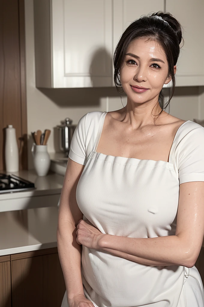(masterpiece:1.4),(59 years old female :1.5),(Facial wrinkles:1.2), Nasolabial folds, (side ponytail hair : 1.1), gentle smile, beautiful Mature Woman, glossy make up, (thick lips), (White apron : 1.3), (short-sleeve blouse : 1.2), (collar bone), pores, Skin blemishes, fleckled skin, realistic detailed skin, (Plump arms : 1.3), kitchen, asymmetry face