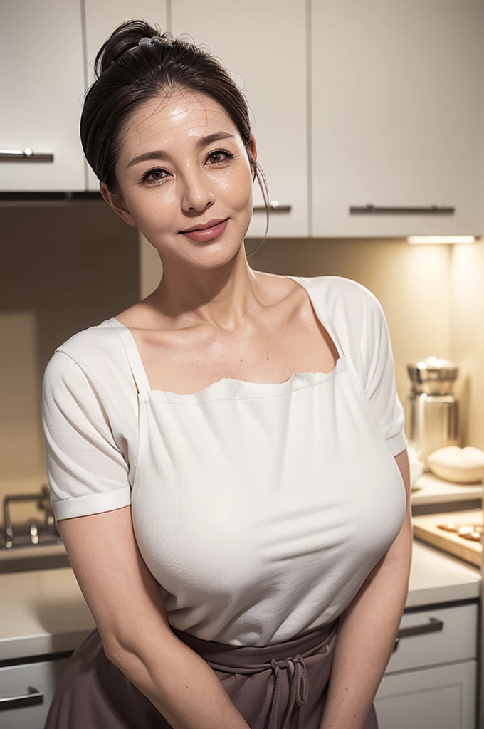 (masterpiece:1.4),(59 years old female :1.5),(Facial wrinkles:1.2), Nasolabial folds, (side ponytail hair : 1.1), gentle smile, beautiful Mature Woman, glossy make up, (thick lips), (White apron : 1.3), (short-sleeve blouse : 1.2), (collar bone), pores, Skin blemishes, fleckled skin, realistic detailed skin, (Plump arms : 1.3), kitchen, asymmetry face