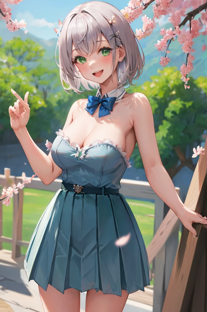 masterpiece, best quality, highres, ffnoel, short hair, x hair ornament, green eyes, blue bowtie,  pleated, smile, outdoors, cherry blossoms, standing, cowboy shot, open mouth,nude,nude,cowgirl sex