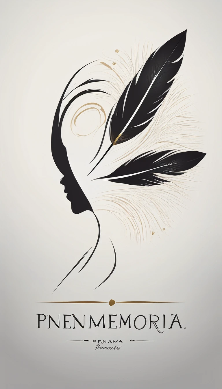 A minimalist, fantastic, poetic, dreamy, captivating, memorable, masterpiece, modern, simple logo design of a boy and a feather for the brand “Penamemoria". The logo must convey a sense of music, stories and dreams. Minimalistic logo design of a boy and a feather.