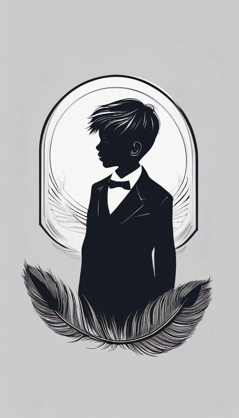 A minimalist, fantastic, poetic, dreamy, captivating, memorable, masterpiece, modern, simple logo design of a boy and a feather for the brand “Penamemoria". The logo must convey a sense of music, stories and dreams. Minimalistic logo design of a boy and a feather.