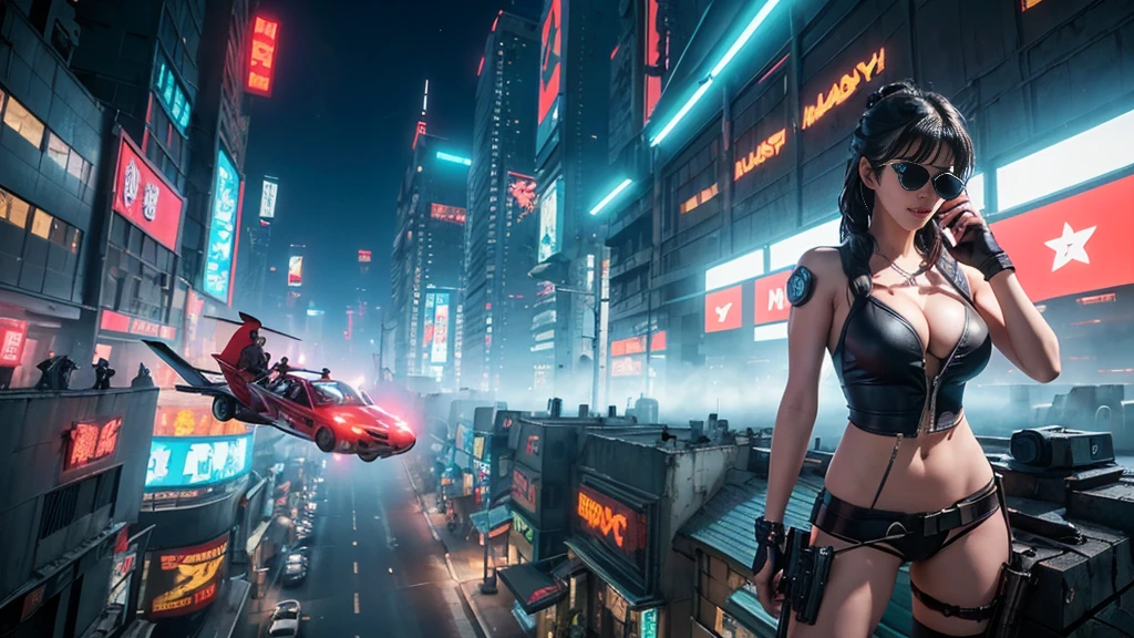 At night, dark sky, aerial view of fantasy cyberpunk style Moai-statue city, ((flying vehicle)). ((1girl, solo, alone)), photo realistic, medium-breast:1.1 slim body, cleavage, sexy clothes, (black sunglasses), (((hip-up standing and pistol aiming pose))), half-body thigh level medium shot, cinematic lighting.