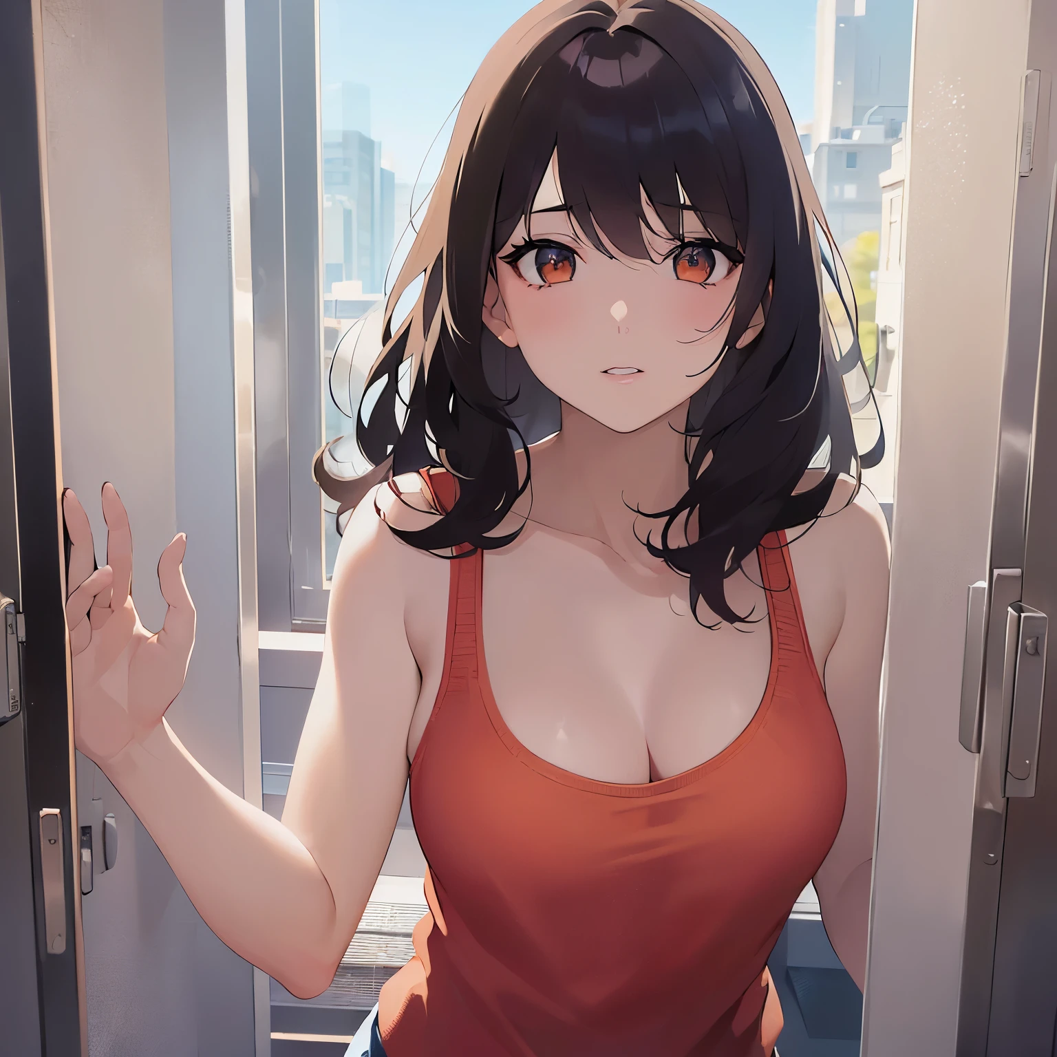 (looking to the side:1.5), upper body,Realistic, real person, (pale skin: 1.2), RAW photo, photorealistic, shiny skin, shiny hair、 (A 25-year-old woman with medium-length hair and bangs) and (wavy hair) and (brown hair) and (Orange Eyes), The background is the washroom,(pink tank top)、opening the door