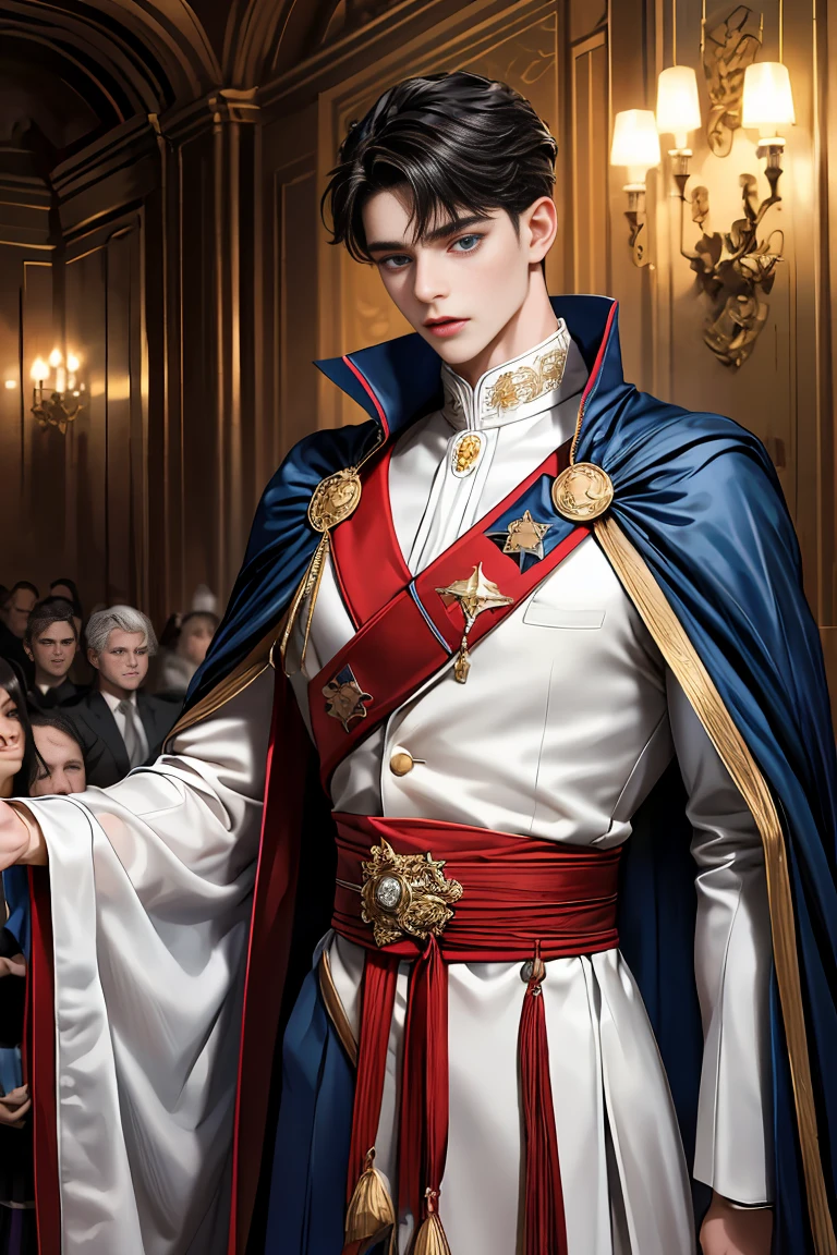 
masterpiece, 最high quality, high quality, 1 boy, alone, Male focus, Watching the audience,  Messy black hair, Adorable big blue eyes, White people, Noble, Noble,Sexy voluminous cape、vampire、A very voluminous red and black cape with a high stand-up collar, very voluminous, very big, very big, very long, reaching down to the floor, made of a lot of fabric., ,Cute beautiful boys,Cute, cute, kind, handsome guy