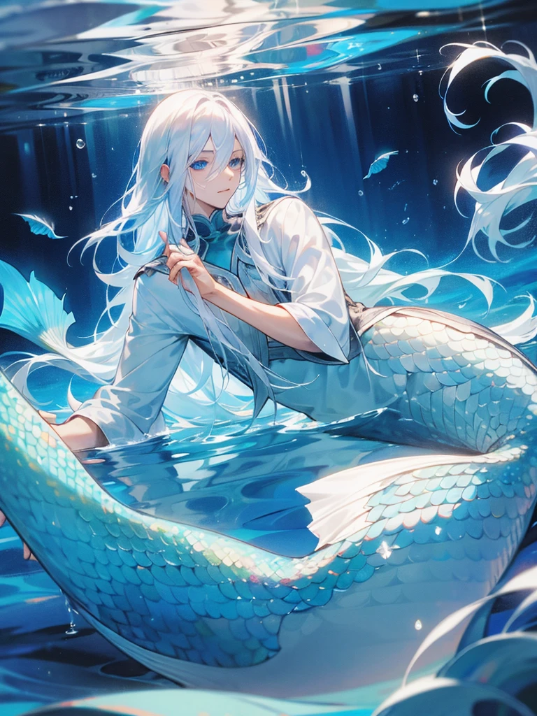 Male, mermaid, fair skin, long white hair, blue eyes, silver fish tail, water surface