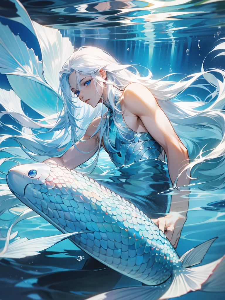 Male, mermaid, fair skin, long white hair, blue eyes, silver fish tail, water surface