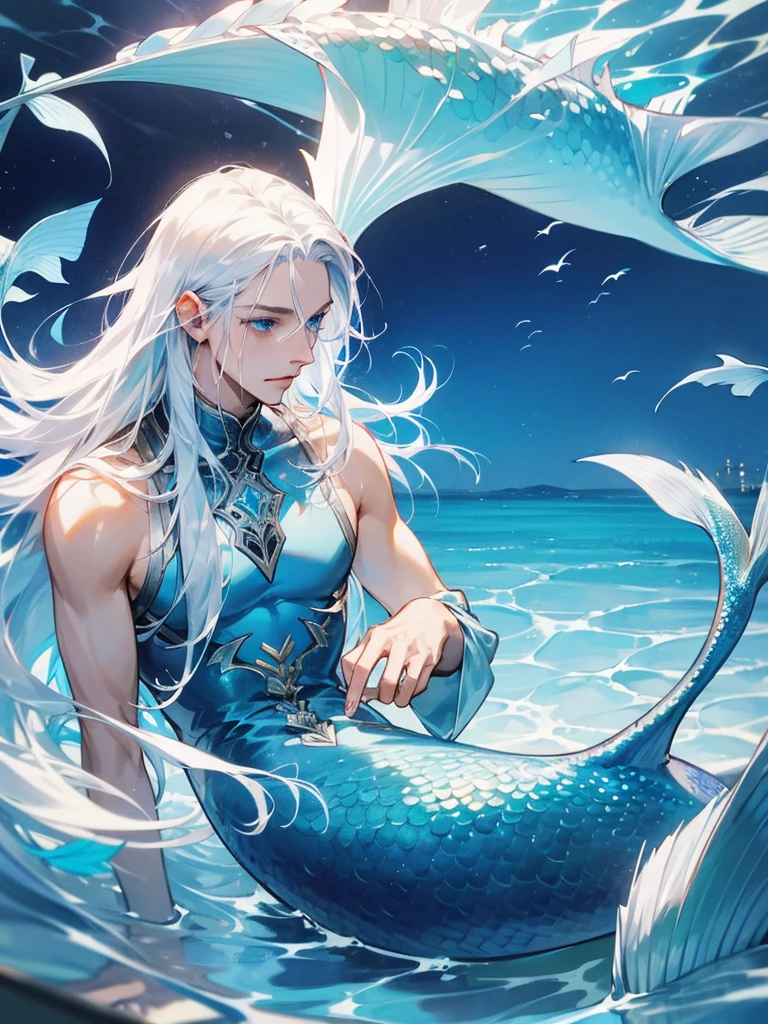 Male, mermaid, fair skin, long white hair, blue eyes, silver fish tail, water surface
