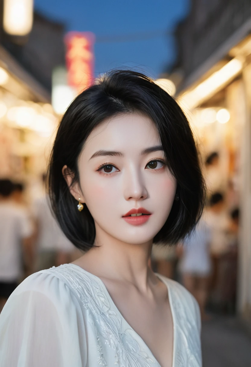 masterpiece, best quality, Miranda, (Half-length photo,Street Lights,moon),masterpiece, 1 girl, Solo Exhibition, Beautiful woman on busy street, There are vendors all around, Beautiful goddess girl portrait, Beautiful and delicate face, Porcelain skin, (((Half-length photo, center, night, Black Hair, short hair)), Super soft light, symmetry, complicated, grace, High Detail, realism, Art, concept Art,