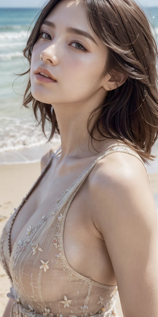 lndswgnr_v1.0, (Sharp focus: 1.5), (sharp focus:1.2), portrait, attractive young woman, (beautiful face:1.1), detailed eyes, luscious lips, (eye makeup:1.2), (tight body:1.2), wearing (flowery dress:1.2) at (the beach:1.2). (morning sun lighting:1.2), depth of field, bokeh, 4K, HDR. by (James C. Christensen:1.2|Jeremy Lipking:1.1).