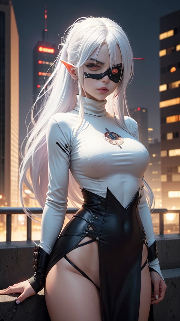 1girl, (solo), anime girl with long white hair and red eyes, girl with white hair, girl in white turtleneck, ((eyepatch)), pointed ears, ((vampire)), smirk, smug, closed mouth, cowboy shot, perfect white haired girl, white haired deity, digital cyberpunk anime art, turtleneck, lens flare, ((dramatic lighting)), soft glowing red eyes, extremely detailed, masterpiece, looking at viewer, city in background, (night)