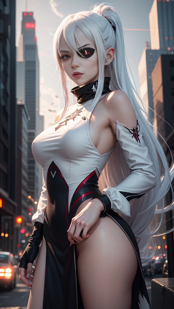 1girl, (solo), anime girl with long white hair and red eyes, girl with white hair, girl in white turtleneck, ((eyepatch)), pointed ears, ((vampire)), smirk, smug, closed mouth, cowboy shot, perfect white haired girl, white haired deity, digital cyberpunk anime art, turtleneck, lens flare, ((dramatic lighting)), soft glowing red eyes, extremely detailed, masterpiece, looking at viewer, city in background, (night)