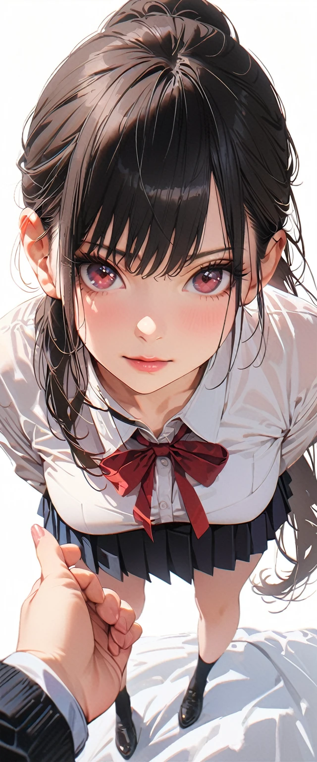 20 years old,1 mature woman,hyperrealistic, 8k, (extremely detailed 8k), (very delicate and beautiful), (masterpiece), (better quality:1.0), (ultra high resolution:1.0), (masterpiece, best quality),cute,black hair,ponytail,POV,full body,white background,realistic skin,collared shirt, pleated skirt,bow,model posing