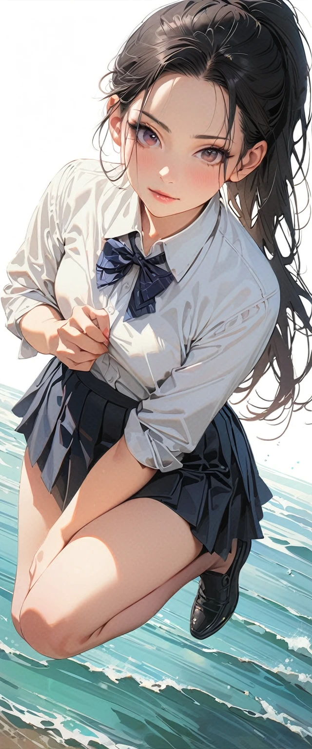 20 years old,1 mature woman,hyperrealistic, 8k, (extremely detailed 8k), (very delicate and beautiful), (masterpiece), (better quality:1.0), (ultra high resolution:1.0), (masterpiece, best quality),cute,black hair,ponytail,POV,full body,white background,realistic skin,collared shirt, pleated skirt,bow,model posing