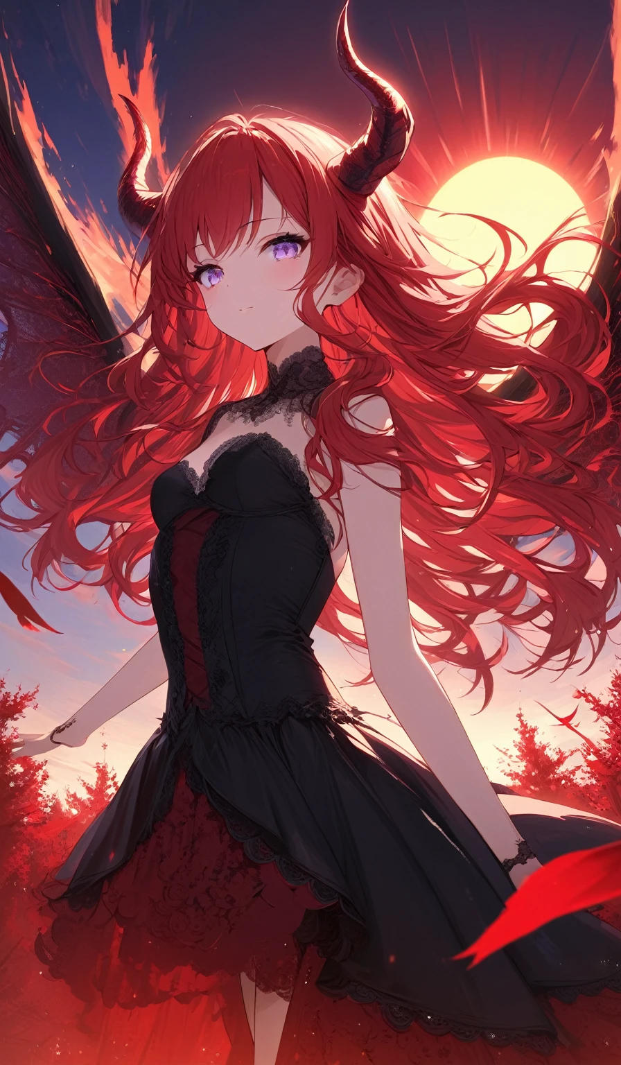Masterpiece, very detailed, ultra detailed, one, (1 girl), she is in a red detailed and lace dress, and in an elegant position, she is tall, childish style, long red hair and parting on the sides, red demonic horns, beautiful, charming, purple eyes, elegant, small breasts, kind face, charming, she stands against the background of red trees and the big sun.