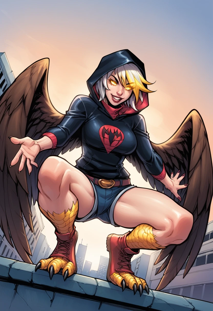 score_9, score_8_up, score_7_up, score_6_up, score_5_up, score_4_up, BREAK source_anime,rating_risky,humb3rt0, a girl, curvy, pale skin, harpy, squatting on a rooftop, wings outstretched, face hidden in shadows, hood on head, yellow glowing eyes, thich thighs, shorts, tight clothing, bold comic style, city background, purple clothes with yellow highlights
