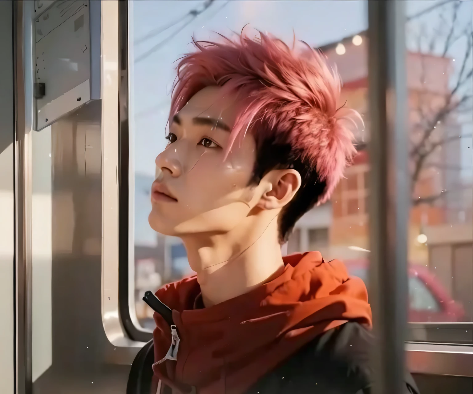 boy, man ,epic realistic, korean ,kunoichi, HD , pink hair, messy hair , gentleman , handsome