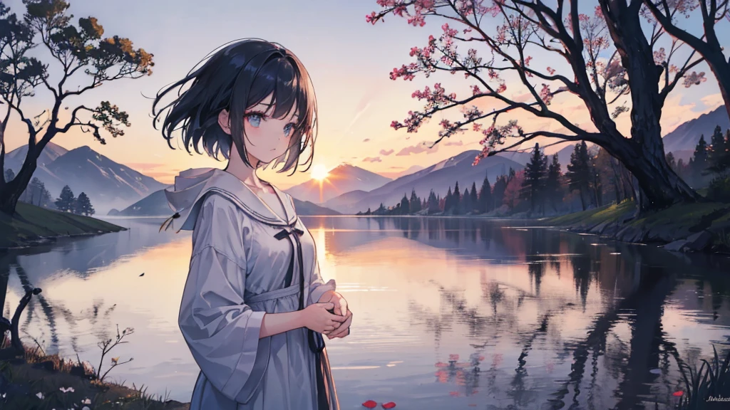 An anime girl standing at the edge of a tranquil lake at dawn, with the first light of morning reflecting off the calm water. She looks introspective, her expression a mix of sorrow and determination. In her hands, she holds a delicate, broken mask, symbolizing the lies and deceit she has uncovered. The background shows a serene landscape with mist rising from the lake, trees silhouetted against the early morning sky, and distant mountains just beginning to catch the light of the rising sun. Around her feet, there are scattered petals and torn pages, remnants of the false promises and stories she has left behind. The overall mood is one of quiet strength and new beginnings, with soft, natural lighting highlighting the emotional transition from darkness to hope.

