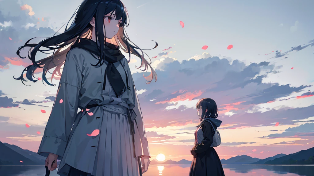 An anime girl standing at the edge of a tranquil lake at dawn, with the first light of morning reflecting off the calm water. She looks introspective, her expression a mix of sorrow and determination. In her hands, she holds a delicate, broken mask, symbolizing the lies and deceit she has uncovered. The background shows a serene landscape with mist rising from the lake, trees silhouetted against the early morning sky, and distant mountains just beginning to catch the light of the rising sun. Around her feet, there are scattered petals and torn pages, remnants of the false promises and stories she has left behind. The overall mood is one of quiet strength and new beginnings, with soft, natural lighting highlighting the emotional transition from darkness to hope.

