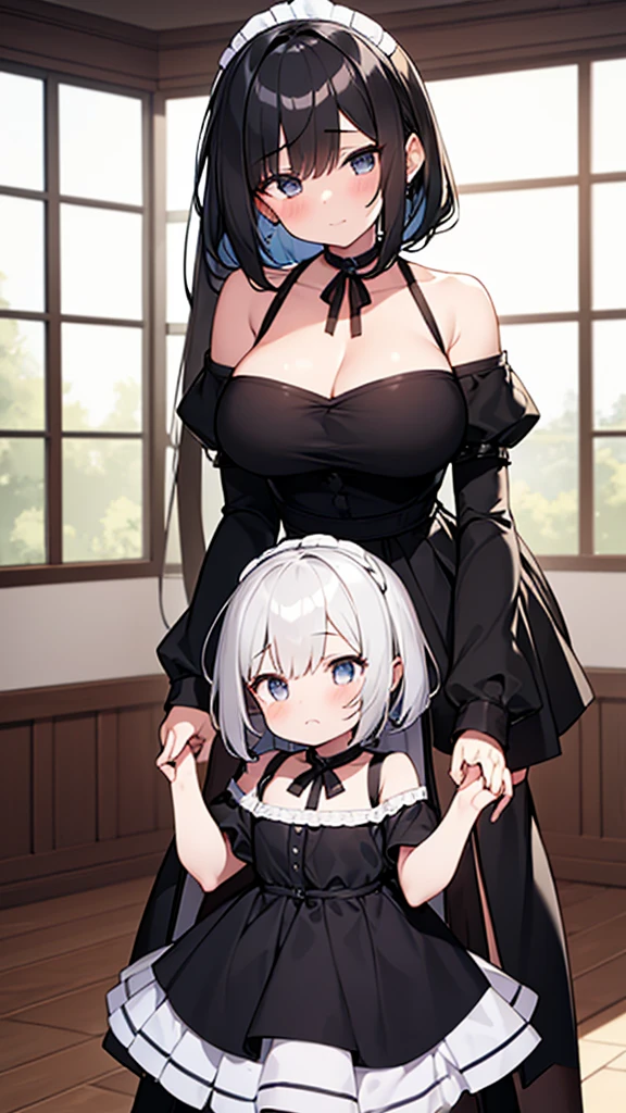 ((masterpiece)), (Highest quality、32k), (Simple style), (Faceless,Face peeling), 2 Girls, A maid who uses her face-peeling ability to peel the skin off of a young lady and transplant it onto herself, and a young lady whose face has been peeled off by a maid, Big Breasts, Big Swing Chest, Wearing a face stolen from someone else, Sexy body, Sleeveless, No sleeve, Off the shoulder, Black Dress, Pleated lace, Lace dress, black knee socks. Standing, whole body, both hands touch the face, Luxurious Room, {{A young lady who used her face-peeling ability to peel off the face of a young lady, leaving her face blank, and a maid who transplanted the peeled face onto her own face.}}, Browsing Caution