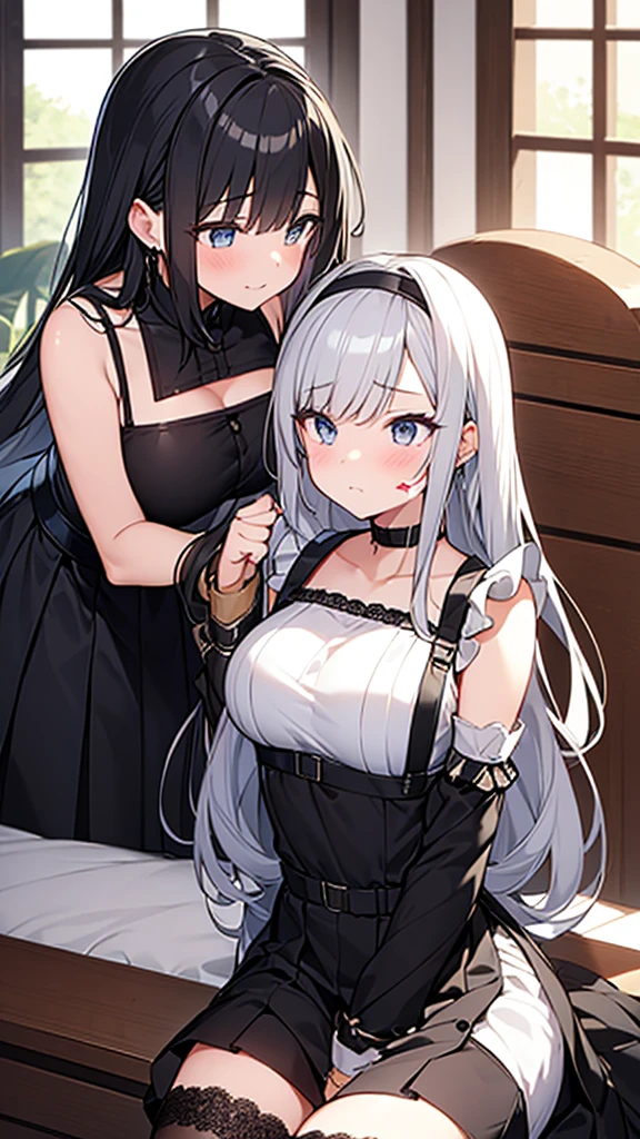((masterpiece)), (Highest quality、32k), (Simple style), (Faceless,Face peeling), 2 Girls, A maid who uses her face-peeling ability to peel the skin off of a young lady and transplant it onto herself, and a young lady whose face has been peeled off by a maid, Big Breasts, Big Swing Chest, Wearing a face stolen from someone else, Sexy body, Sleeveless, No sleeve, Off the shoulder, Black Dress, Pleated lace, Lace dress, black knee socks. Standing, whole body, both hands touch the face, Luxurious Room, {{A young lady who used her face-peeling ability to peel off the face of a young lady, leaving her face blank, and a maid who transplanted the peeled face onto her own face.}}, Browsing Caution