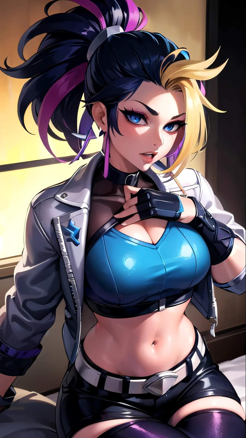 best quality,masterpiece,8k wallpaper,absurdres, highres, ultra detailed, (1 young beautiful girl, solo:1.1),k/da (league of legends), navel,fingerless gloves, cropped jacket,jacket, multicolored hair, samurai ponytail (loanword)ï¼belt, earrings, blonde hair, crop top, midriff, akali, makeup,purple hair, open jacket,two-tone hair, open clothes, blue eyes, lips, triangle earrings, belt buckle, black hair, breasts, black pants, hoop earrings, blue gloves, blue hair, zipper, girl lying on bed, 1boy, pov, missionary, pov making out on a girl, pov chest