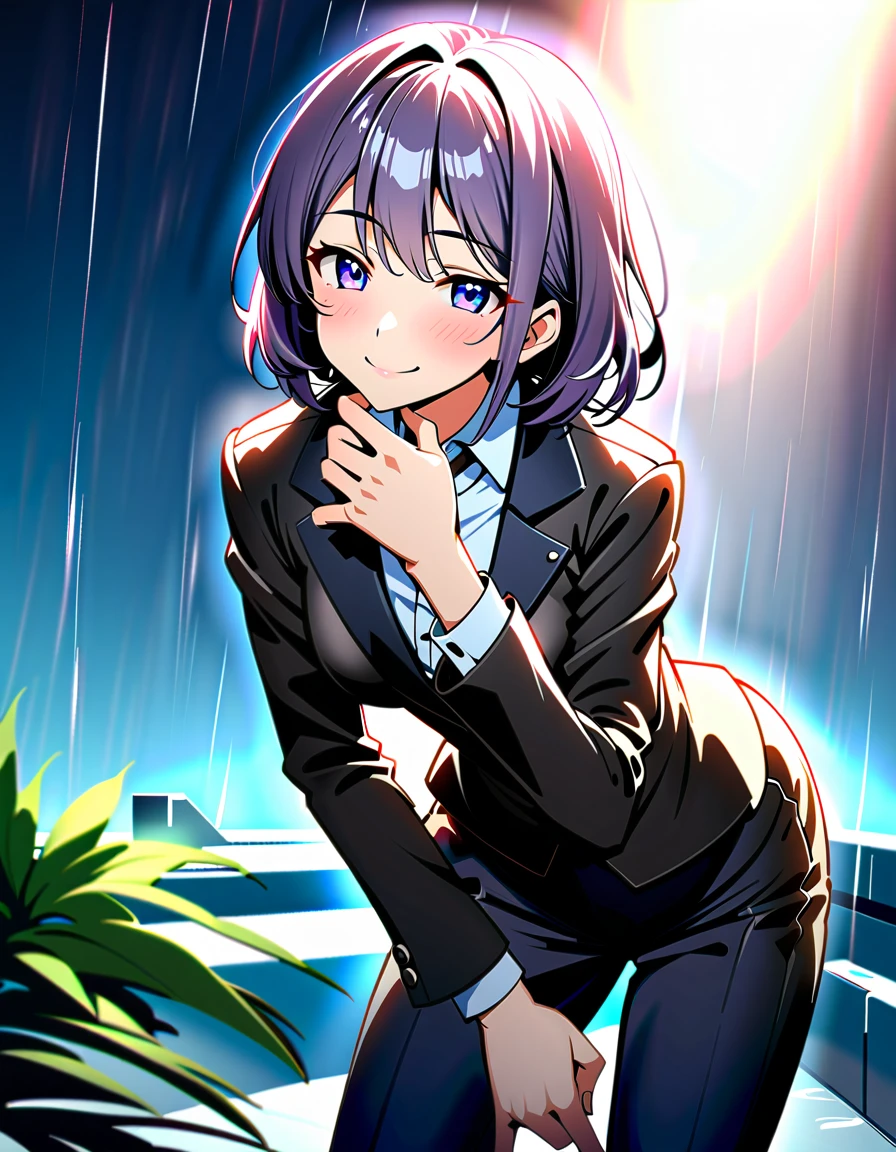((Highest quality、、masterpiece:1.3)), Upper Body、Long legs、Sharp focus:1.2, Beautiful woman with perfect figure:1.4、(Smiling:1.2), double eyelid、30-year-old female、Sexy pose、((((Close your mouth、One Woman、heavy rain、suit、formal、Working))))、Outdoor