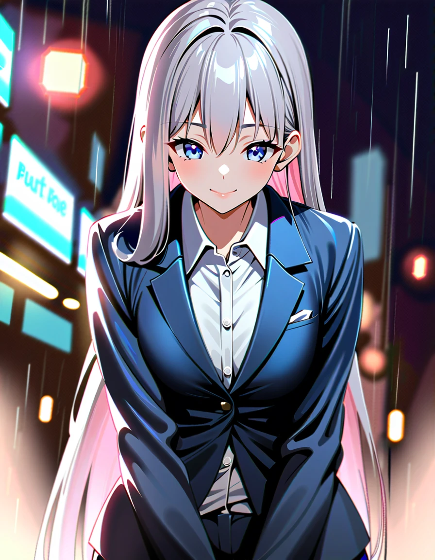 ((Highest quality、、masterpiece:1.3)), Upper Body、Long legs、Sharp focus:1.2, Beautiful woman with perfect figure:1.4、(Smiling:1.2), double eyelid、30-year-old female、Sexy pose、((((Close your mouth、One Woman、heavy rain、suit、formal、Working))))、Outdoor